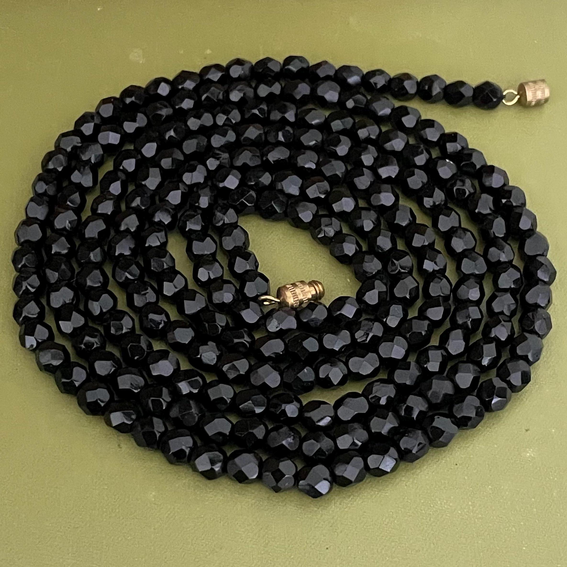 Art Deco Black Clear Crystal Necklace 53in Flapper Glass Beads 1930s Vintage Hand Knotted Black & Clear Crystal Bead Flapper Art  main image 4