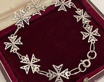 Vintage Sterling Silver Filigree 925 Bracelet Maltese Cross Panels, Spring Clasp