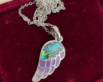 Vintage Abalone and Lilac Enamel Angel Wing Necklace Silver Tone 1990s Boho