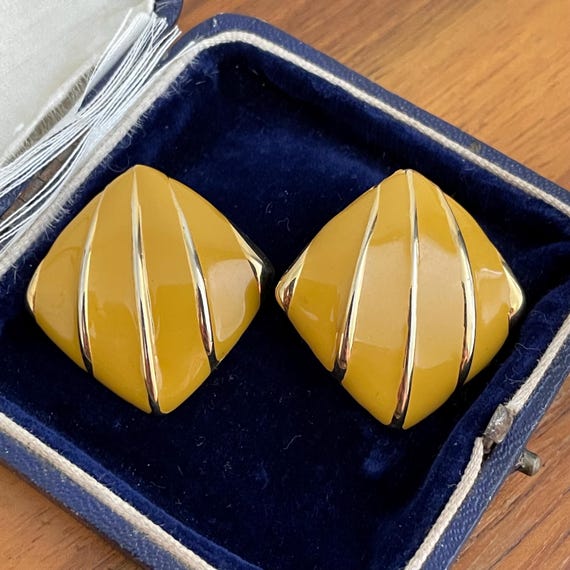 Vintage Mustard Yellow Enamel Post Earrings, 1980s 1990s Gold Tone Earrings
