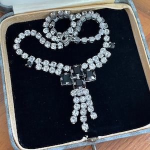 Vintage Rhinestone Necklace Clear and Black Glass, 1920s 1930s Art Deco Style Hollywood Glamour Sparkly Party Jewellery Christmas Wedding