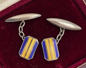 Gemelos guilloché de esmalte Art Déco de plata de ley antigua de la década de 1920, patrón geométrico azul y amarillo, regalo Art Déco para él, RB firmado