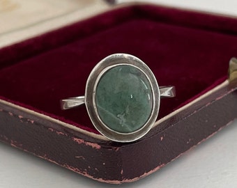 Vintage Sterling Silver 925 Green Moss Agate Stone Ring Size W, Chunky Boho Sterling Silver Ring