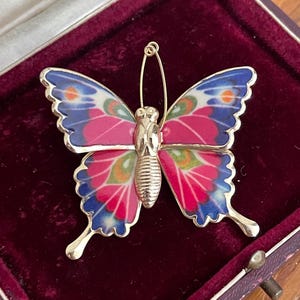 Vintage Enamel Butterfly Brooch Pin Pink Blue Gold Tone Lightweight