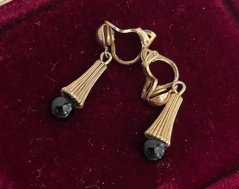 Vintage 1970s Dangly Earrings Black and Gold Tone Retro