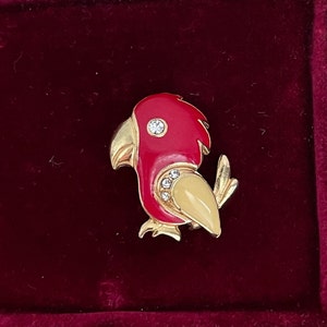Vintage Red Parrot Bird Brooch, Enamel and Rhinestone Small Cute Bird Pin