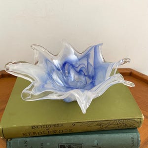 Vintage Murano Art Glass Dish Lavorazione Opalescent Blown Glass Chunky Bowl, Blue and White Starfish Swirl Dish