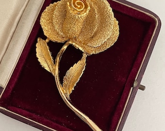 Vintage Exquisite Gold Rose Brooch Pin | 1950s Gold Tone Textured Flower, Large Statement Floral Brooch, 1950s Jewellery