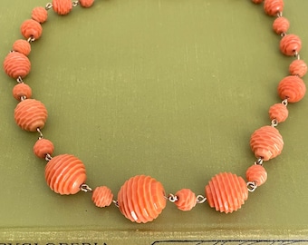 Vintage Orange Necklace Spring Clasp 1950s, Early Plastic Beaded Necklace Beehive Shaped Beads, Mid Century Necklace