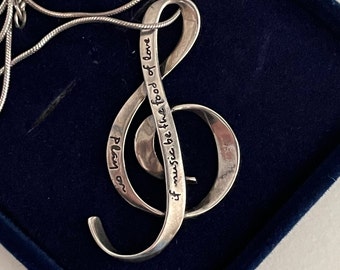 Vintage Sterling Silver 925 Music Note Treble Clef Necklace, Shakespeare Twelfth Night Quote If music be the Food of Love, Play On