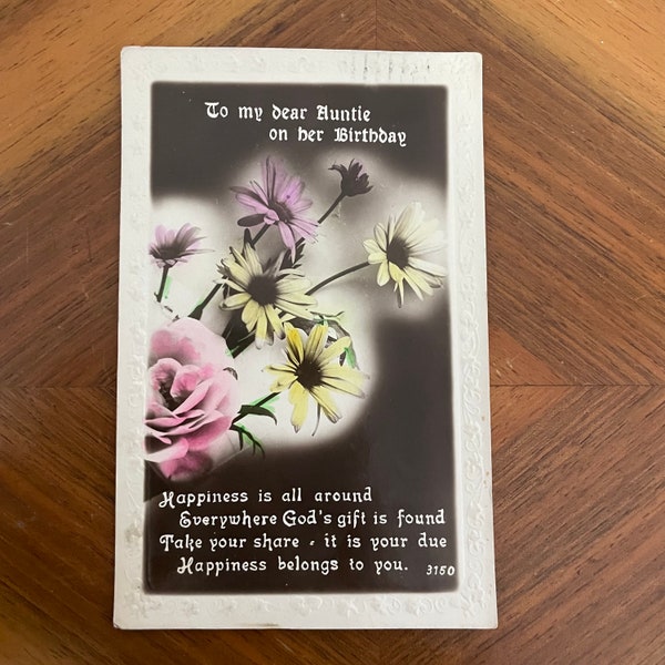 vintage carte postale d'anniversaire de tante des années 1920 avec timbre et message manuscrit, carte postale d'anniversaire florale, joyeux anniversaire tante