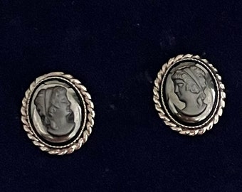 Vintage Cameo Post Stud Earrings, Small Black Cameo Studs, Twisted Rolled Frame Female Portrait Silhouette,