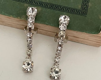 Vintage Rhinestone Clip On Earrings, Glass Art Deco 1920s Flapper Style, Long Dangly Fringe Tassels