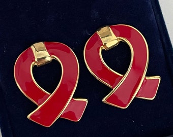 Vintage Red Enamel Knot Post Earrings, Large Statement Gold Tone Earrings, 1980s Red Christmas Earrings, 1990s Earrings