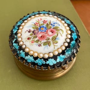 Antique Brass Trinket Box, Floral Ceramic Lid, Enamel Guilloche Border