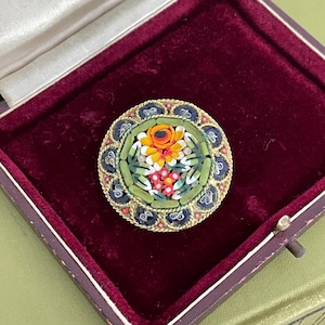 Vintage Italian Micro Mosaic Brooch Pin, Floral Ceramic Brooch