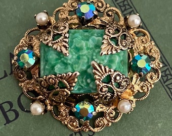 Vintage Czech Filigree Brooch Shawl Pin, Celluloid Faux Carved Jade Green Centre Aurora Borealis Rhinestone