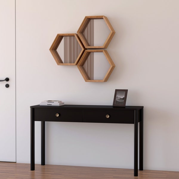 Étagères miroir hexagonales, chêne, panneaux muraux miroir en nid d'abeille, lattes décoratives en verre