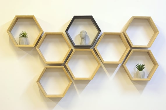 Etagère murale Hexagone avec miroir et 2 étagères - Livraison rapide
