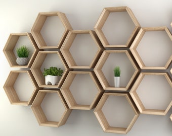 Étagère hexagonale, chêne, nids d'abeilles, étagères en nid d'abeille, étagère hexagonale flottante, étagères, boho, hexagone