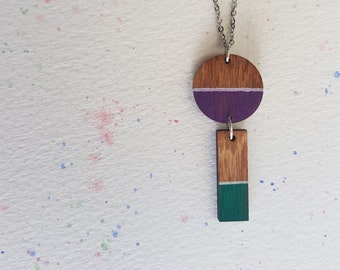 Geometric Hand Painted Wood Necklace. Purple and green Circle Dangle