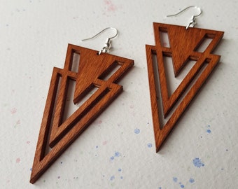 Handmade Triangle Earrings Wood & Silver Geometric Abstract Jewellery by Aker Co