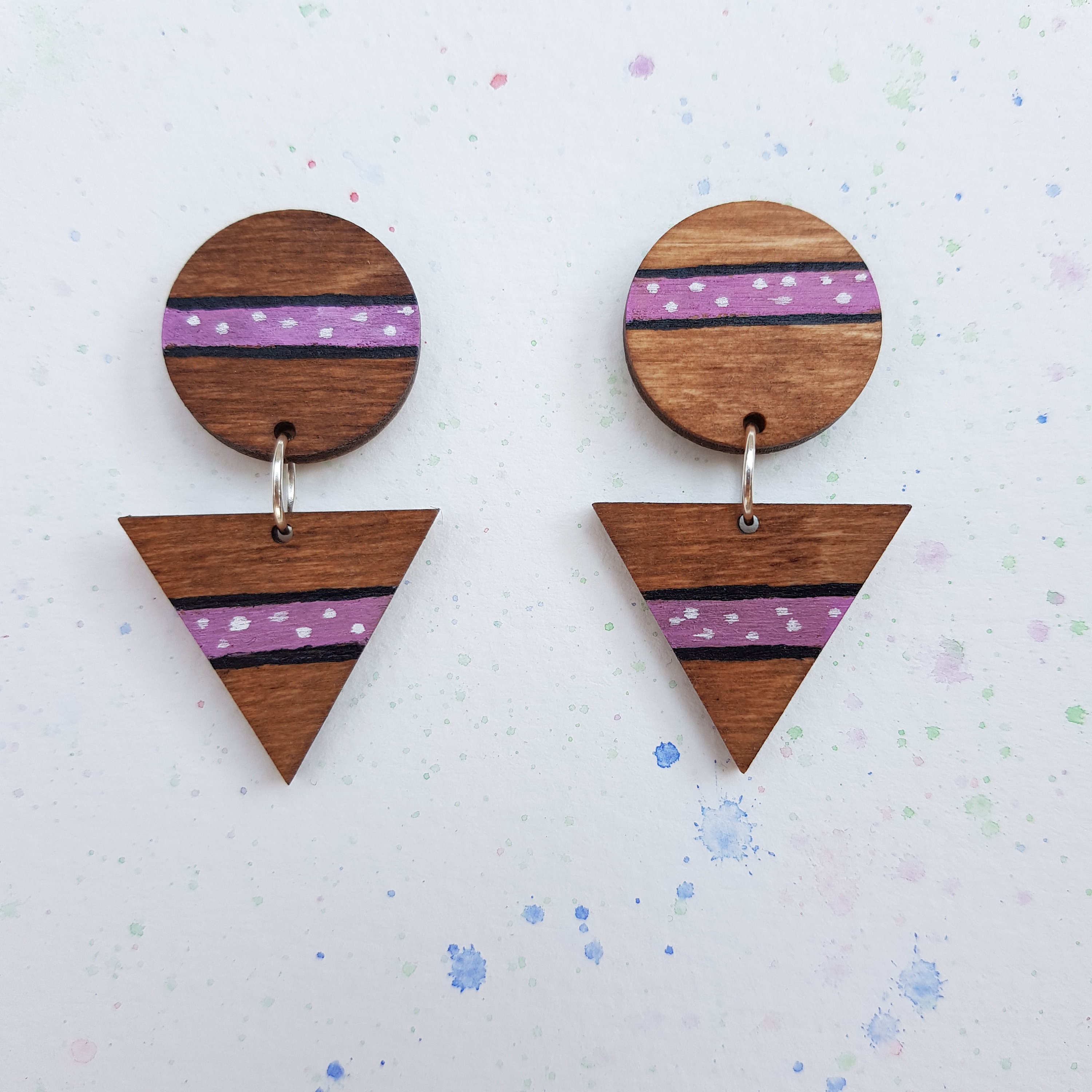 Geometric Hand Painted Wood Earrings. Pink Polka Dot Stud Dangles on