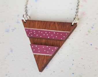 Geometric Hand Painted Wood Necklace. Pink and White Statement Triangle.