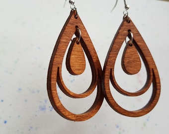 Handmade Teardrop Earrings Wood & Silver Geometric Abstract Jewellery by Aker Co