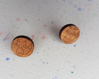 Minimalist Wood Fox Studs. Engraved, Eco, Hippie Silver Plated Earrings