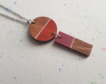 Geometric Hand Painted Wood Necklace. Pink and Orange Circle Dangle