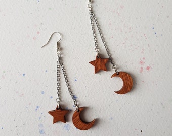 Sun and Moon Handmade Drop Earrings Wood & Silver Geometric Abstract Jewellery by Aker Co