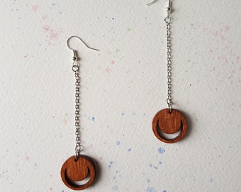 Handmade Crescent Moon Drop Earrings Wood & Silver Geometric Abstract Jewellery by Aker Co
