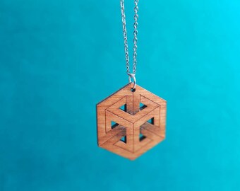 Geometric Handmade Necklace Wood Jewellery Impossible Shape Optical Illusion by Aker Co