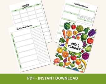Op de afbeelding: Een verzameling afdrukbare maaltijdplanners, waaronder maandelijkse, wekelijkse en dagelijkse lay-outs. De dagelijkse planner heeft secties voor maaltijden en notities. Een kleurrijke omslag met illustraties van fruit en groenten is ook inbegrepen.