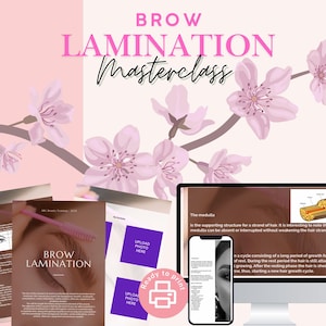 May include: A pink and white graphic for a brow lamination masterclass. The design includes a computer screen, a smartphone, and printed materials. The text "BROW LAMINATION Masterclass" is displayed with floral accents and a "Ready to print" icon.
