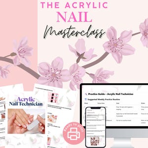 Puede incluir: Un gráfico rosa y blanco que promociona una clase magistral de uñas acrílicas. El texto dice "THE ACRYLIC NAIL Masterclass" y "Acrylic Nail Technician". La imagen incluye un monitor de ordenador, un smartphone y guías impresas.
