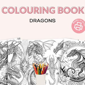 Printable Dragon Malbuch | Fantasie Geschöpfe Malseiten für Kinder & Erwachsene | Fabelhaftes Tier PDF | Feuerspeiende Spaß-Kunsttherapie