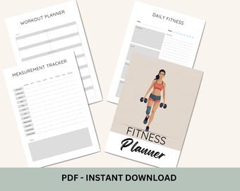 May include: A collection of printable fitness planners, including a workout planner, measurement tracker, and daily fitness log. The central image features a woman in workout attire holding dumbbells, with the words "FITNESS Planner" below. The phrase "PDF - INSTANT DOWNLOAD" is at the bottom.