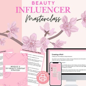 Puede incluir: Gráfico rosa y blanco para una masterclass de influencer de belleza. La imagen incluye el texto "BEAUTY INFLUENCER Masterclass", un portátil, un teléfono y documentos impresos con texto como "DIY BEAUTY CONTENT STRATEGY". Ramas de flores de cerezo decoran el fondo.