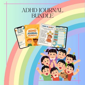 Könnte beinhalten: Ein ADHD-Journal-Bundle mit Regenbogenhintergrund. Das Bundle enthält ein Journal, ein Tablet mit einer täglichen Routine und ein Telefon mit dem Text "Befreie dich von deinen Sorgen". Das Bild zeigt auch Cartoon-Kinder.