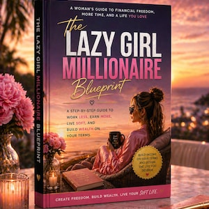 Könnte beinhalten: Ein Buch mit dem Titel "The Lazy Girl Millionaire Blueprint" mit einer Frau auf dem Cover. Der Buchrücken lautet "The Lazy Girl Millionaire Blueprint". Das Cover zeigt Text in Rosa und Weiß, und eine Frau in einem rosa Bademantel ist zu sehen. Eine Kaffeetasse ist vorhanden.