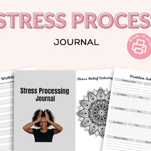 May include: A collection of printable journal pages with the text "Stress Process" and "Journal". The pages include prompts for stress management, coloring pages, and problem-solving exercises. The cover features a person holding their head.