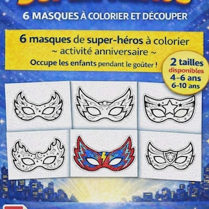 Superhjältemasker att färglägga – 12 barnmasker PDF – Utskrivbar födelsedagsaktivitet – 2 storlekar: 4–6 år och 6–10 år