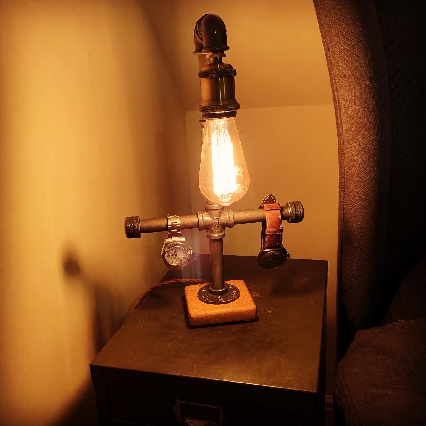 Industrial Bedside Lamp Solid Oak Base Upcycled Steampunk - Etsy UK