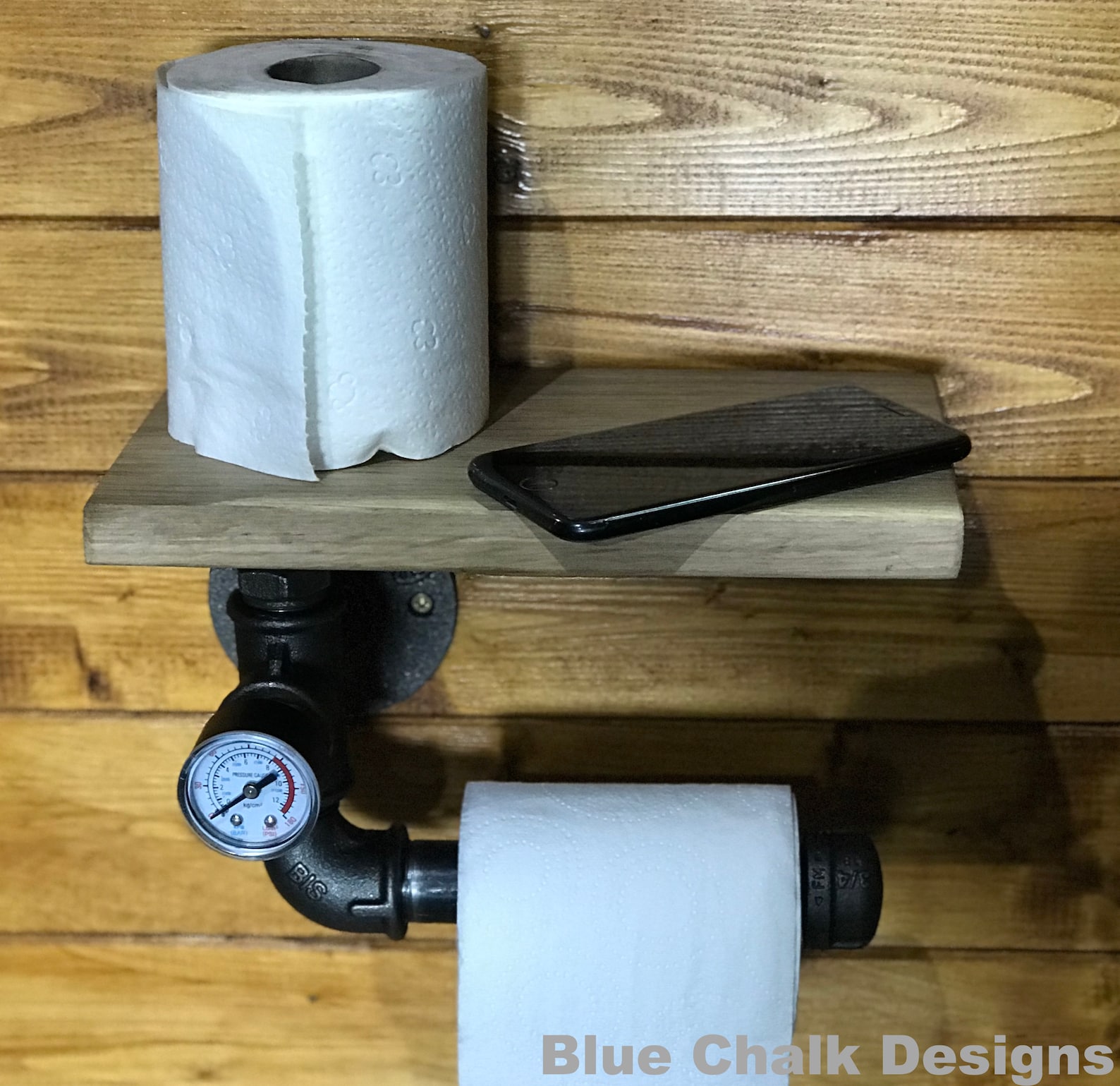 Urban Industrial Toilet Roll Holder With Shelf Pressure Gauge industrial-style-pipework-steel-free-standing-double-toilet-roll-holder