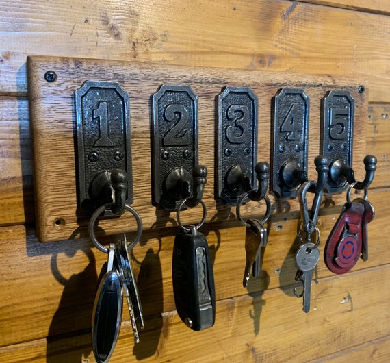 Numbered Industrial Key Holder 5 Hook Design With Antique Oak Backplate Etsy UK