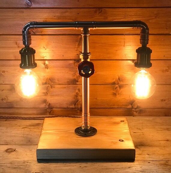 Unique Steampunk glass head table lamp with Edison bulb and weathered wood  base