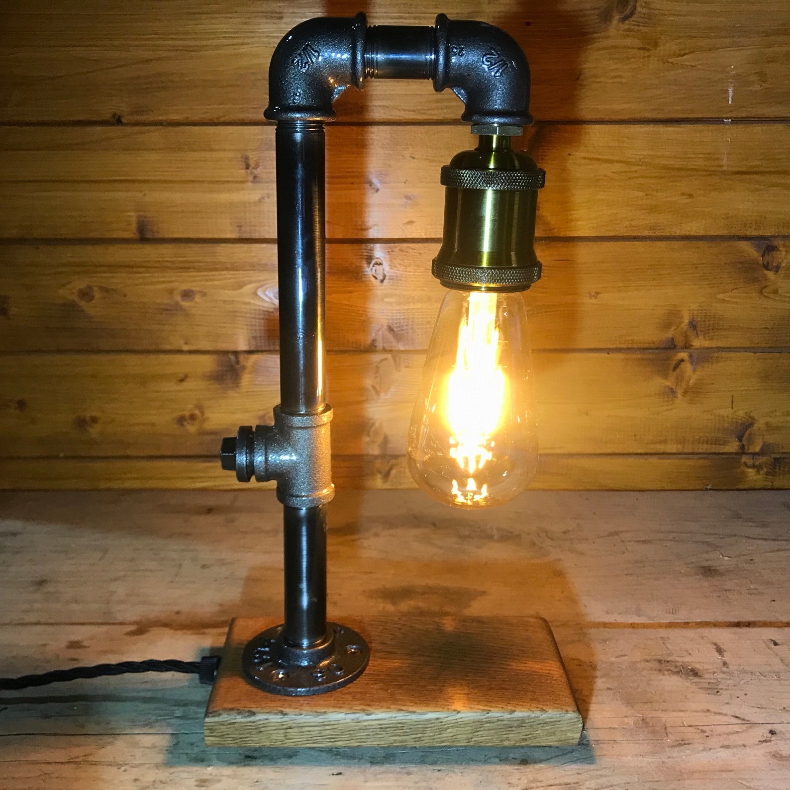 Industrial Table Lamp Bedside Lamp Solid Oak Base Upcycled Etsy