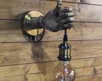 Wooden Vintage Mannequin Hand Lamp, Wall Lamp, Sconce Edison, Retro, Steampunk, Choice of bulb type, Lighting
